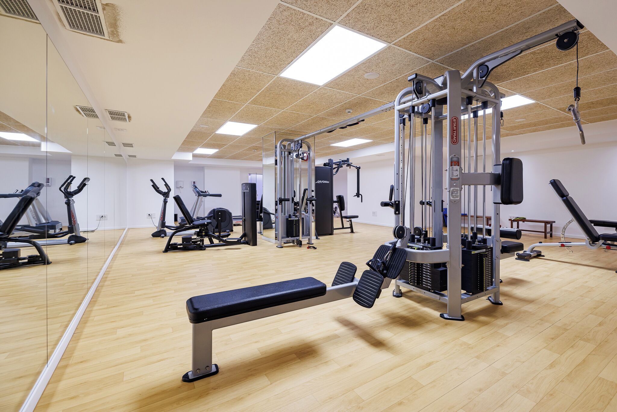 Un gimnasio con equipo de ejercicio variado, una banca y un espejo grande.