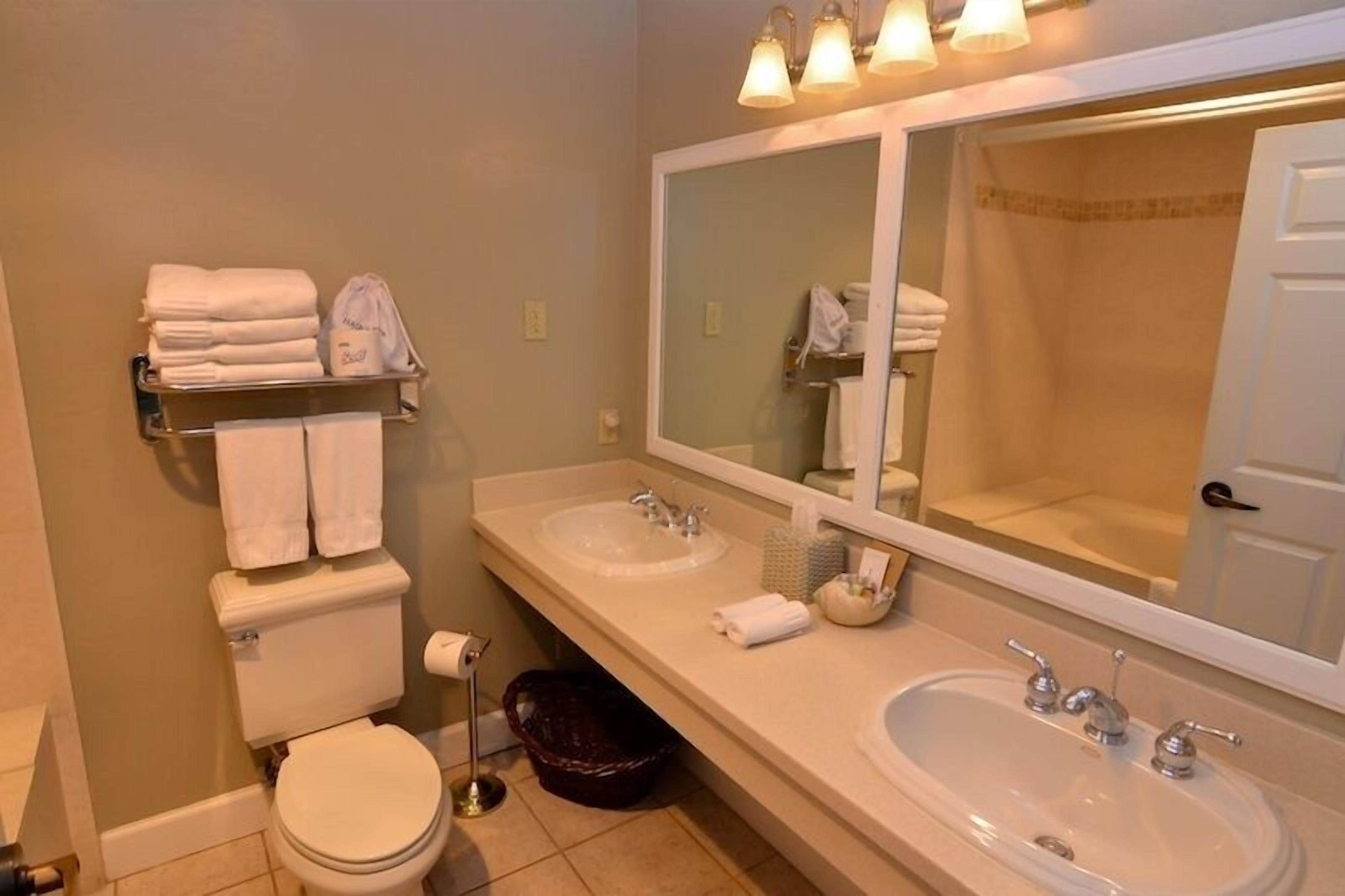 Une salle de bain avec deux lavabos, des toilettes, un miroir et un porte-serviettes.