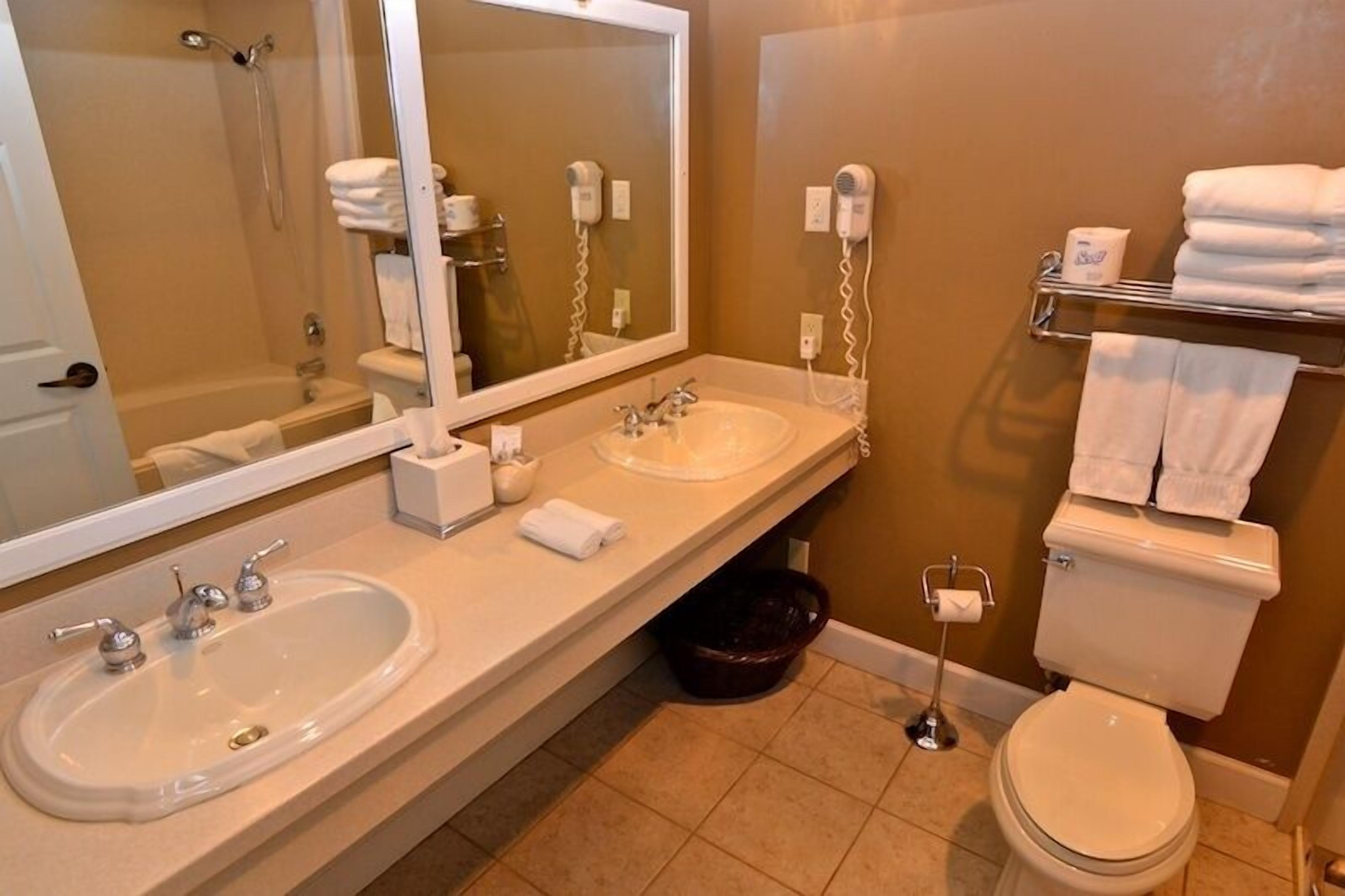 A bathroom with two sinks, a toilet, a shower, and a large mirror.