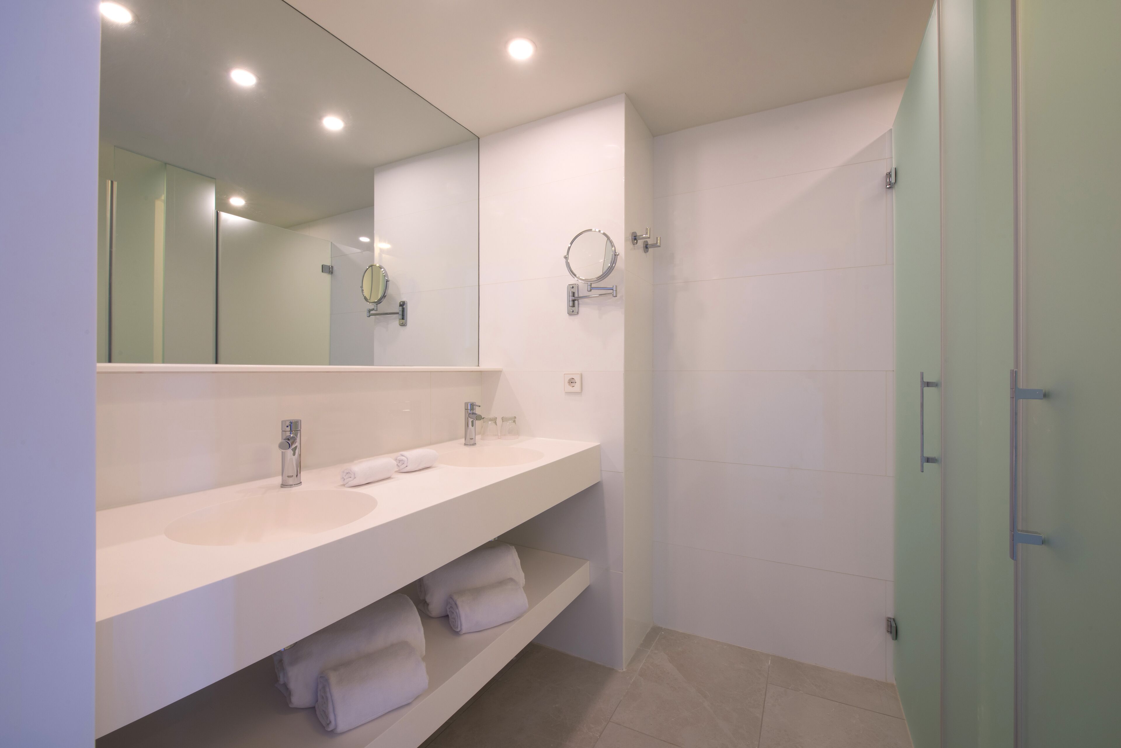 A modern bathroom with two sinks, a large mirror, and a glass shower enclosure.