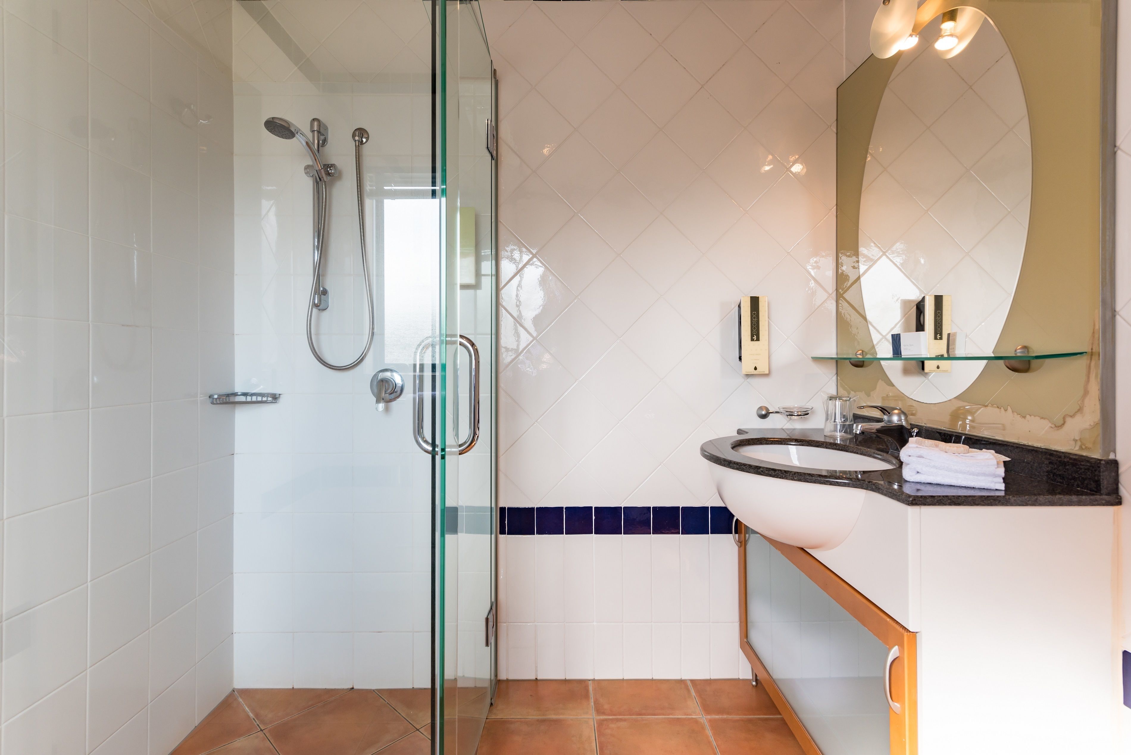A modern bathroom with a glass shower enclosure, a white sink, and a large mirror.