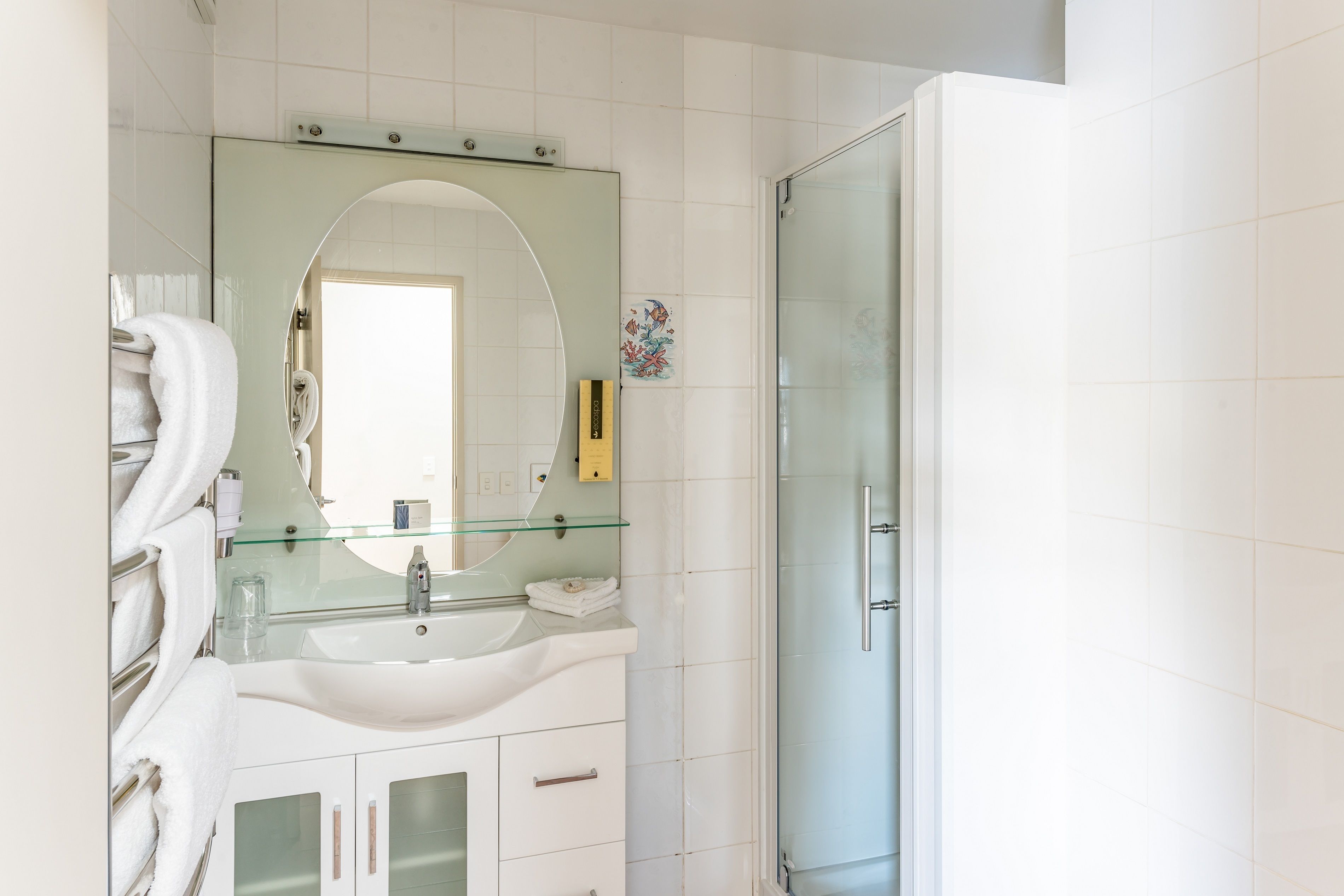 Une salle de bain moderne avec une douche à parois de verre, un lavabo blanc surmonté d’un plateau en verre et un miroir au-dessus du lavabo.