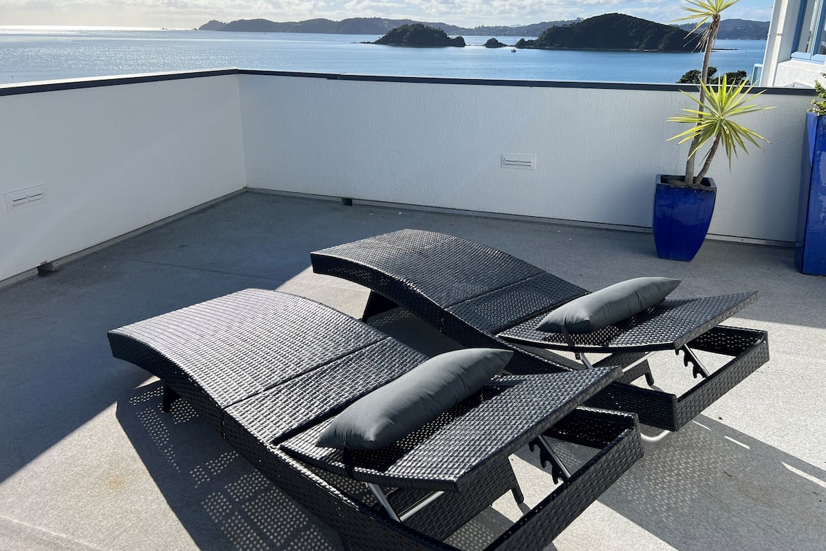 En balkong med två solstolar och en krukväxt.