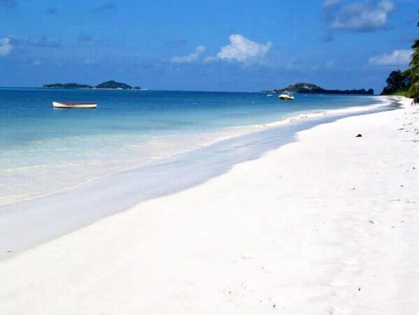 On the beach, sun loungers