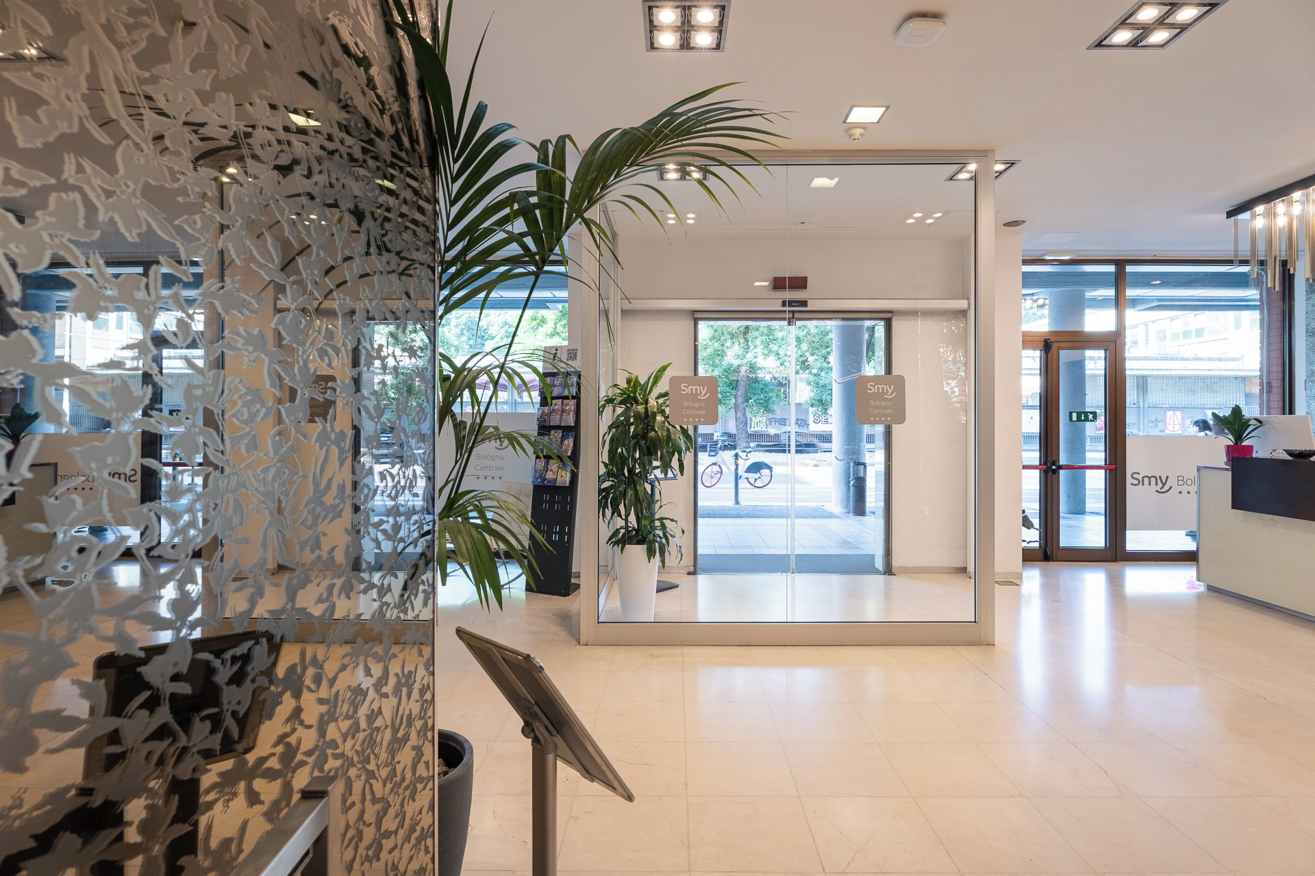 A modern interior with a reception desk, a potted plant, and a glass door leading outside.