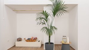 A room with a large potted plant, a wicker basket with towels, a small table with a pitcher and cups, and a radio on a white shelf. - Smy Bologna Centrale (Bologna)