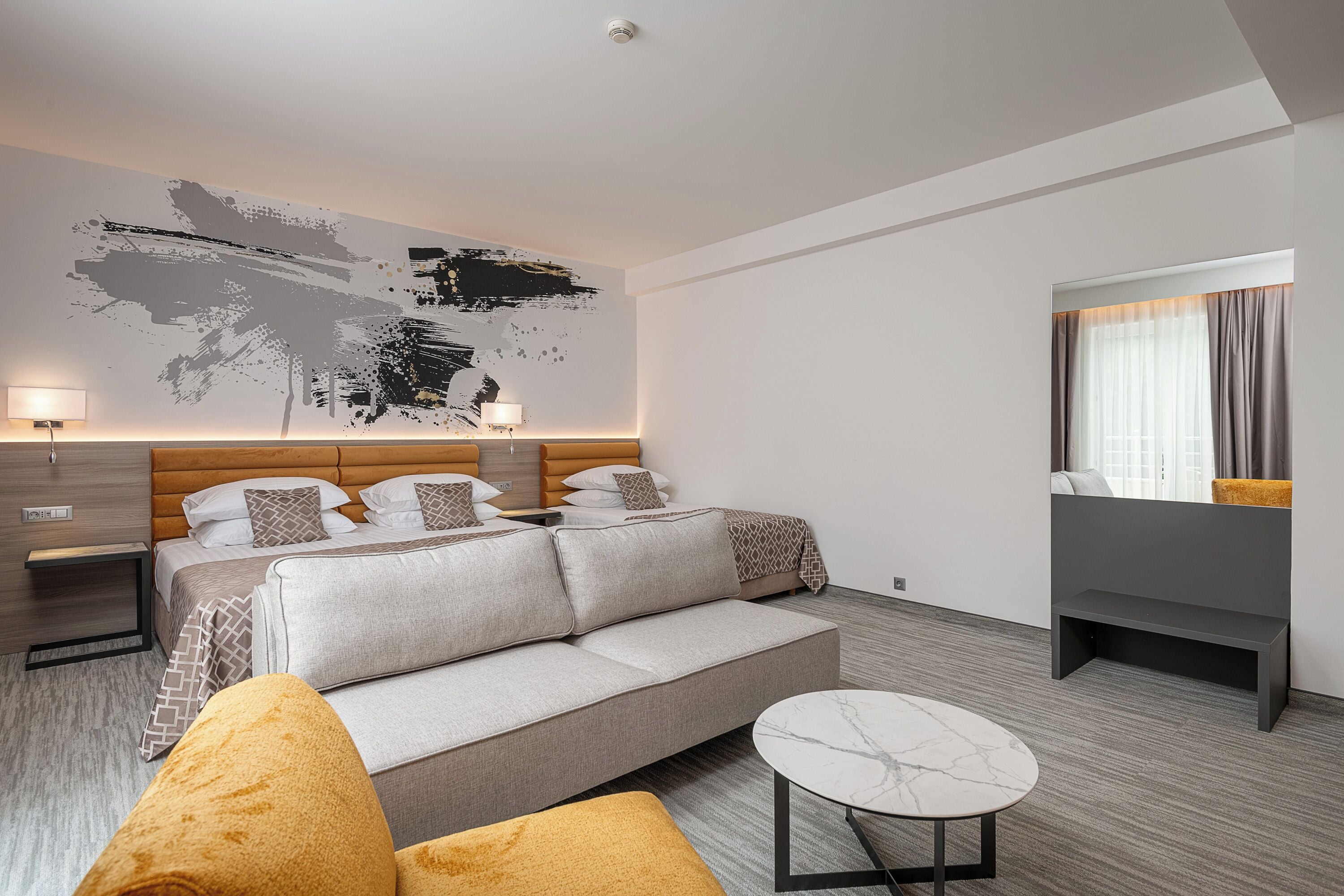 family room | 1 bedroom, in-room safe, soundproofing, iron/ironing board