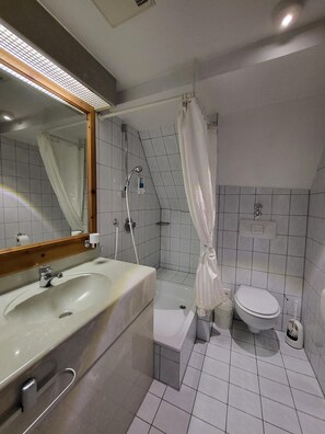 A bathroom with a sink, mirror, shower, and toilet. - Historikhotel Ochsen (Tamm)