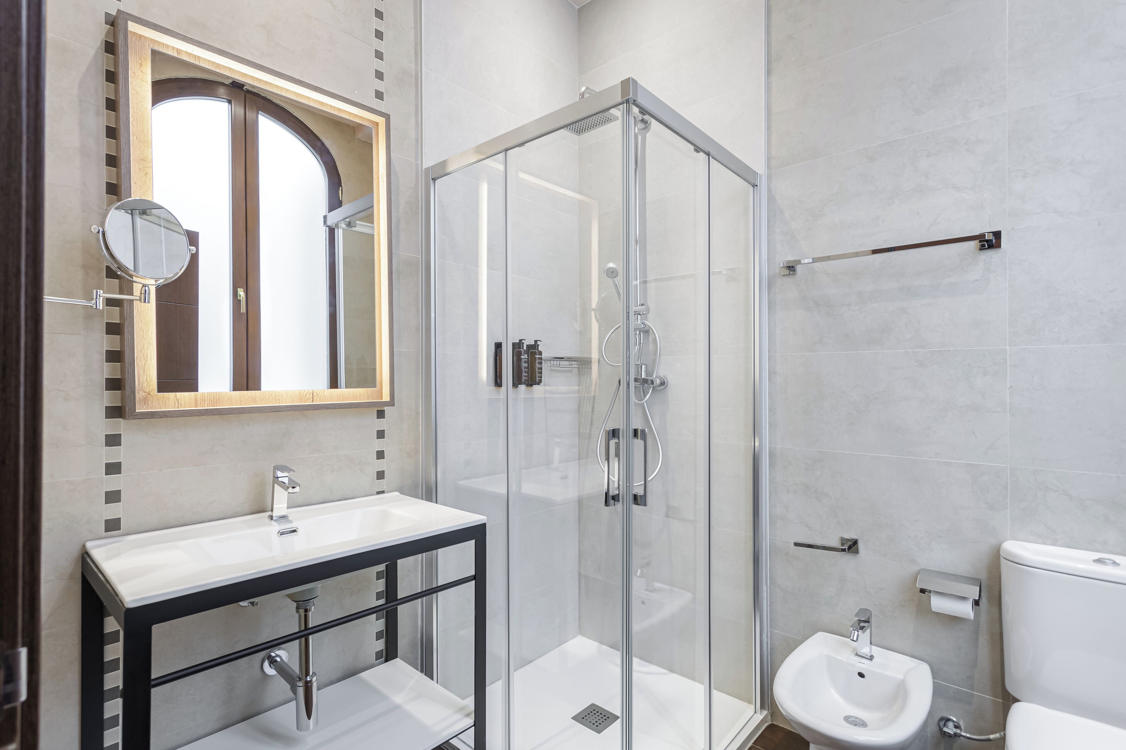 eco-friendly toiletries, hair dryer, towels, soap