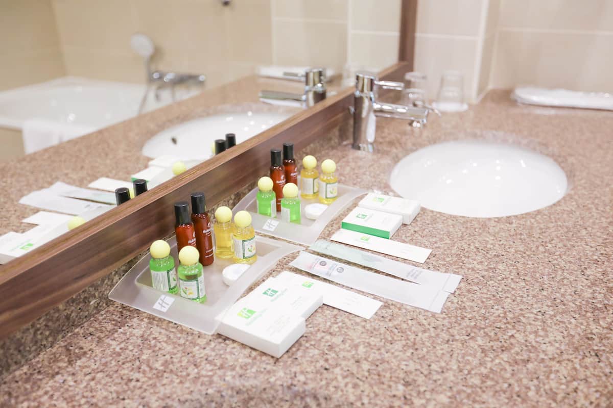 bathtub, free toiletries, hair dryer, slippers