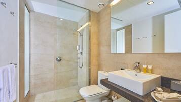 A modern bathroom with a glass-enclosed shower, a white toilet, and a large sink with toiletries.