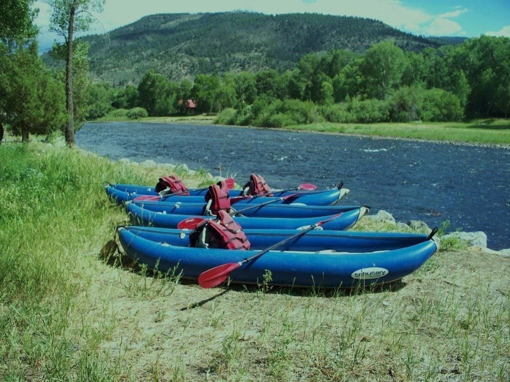 A row of blue kayaks with red life vests and paddles, lined up on a grassy shore by a river with a forested hill in the background.