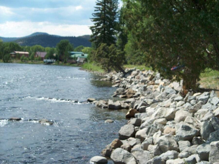 A river with a rocky shoreline and trees.