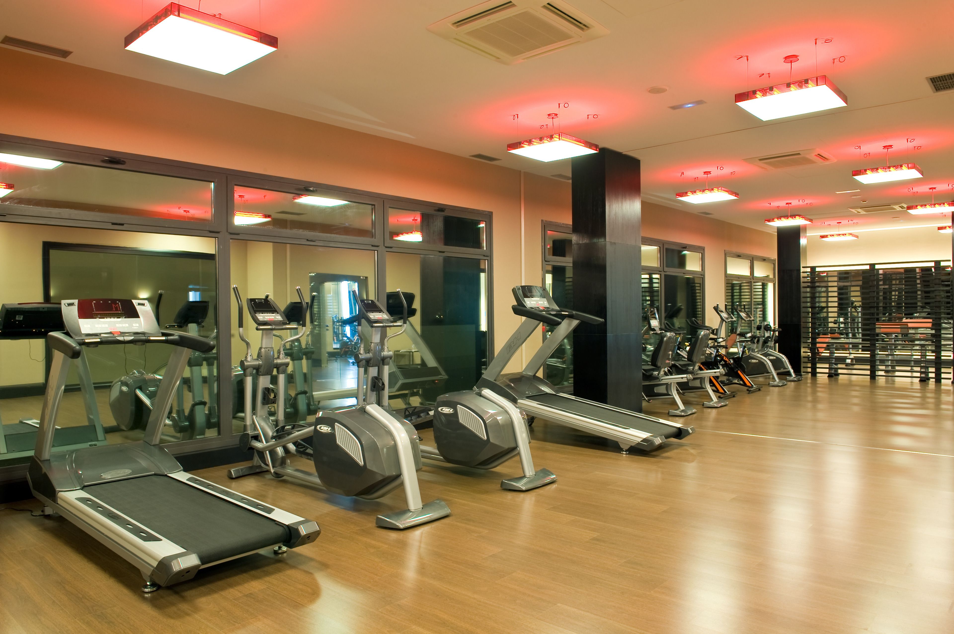 A gym with treadmills, elliptical machines, and weight equipment.