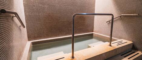 A spa area with a tiled wall, a glass-enclosed hot tub, and metal handrails.
