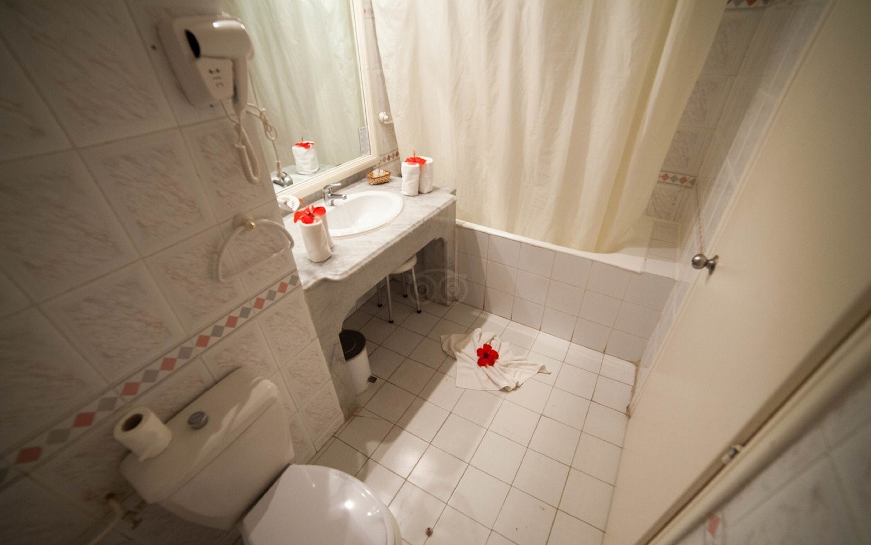 combined shower/bathtub, hair dryer, towels