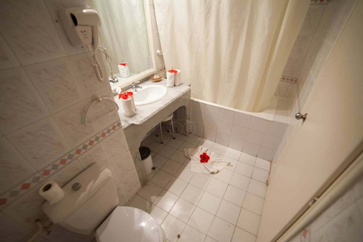 combined shower/bathtub, hair dryer, towels