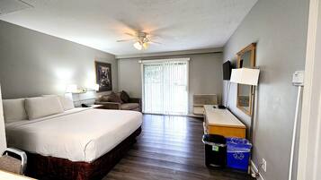 A hotel room with a bed, a desk, a chair, a ceiling fan, a window with blinds, and a door leading outside.