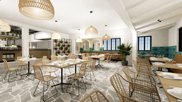 A spacious restaurant with high ceilings, wicker furniture, and large pendant lights.