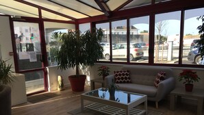 Un espace intérieur spacieux, doté d’une grande fenêtre, d’un canapé, d’une table basse et de plusieurs plantes en pot.