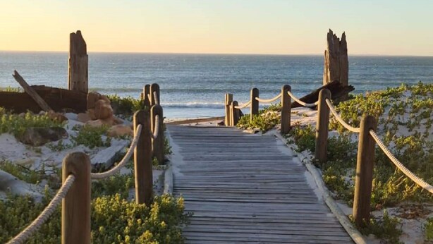 A wooden boardwalk leading to the beach, surrounded by vegetation and wooden posts.