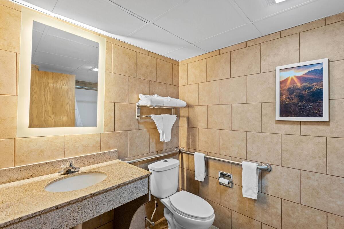 A bathroom with a sink, toilet, and a towel rack.