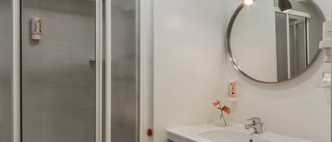 Une salle de bain avec une douche à parois de verre, un lavabo blanc avec un miroir et un petit vase avec des fleurs.