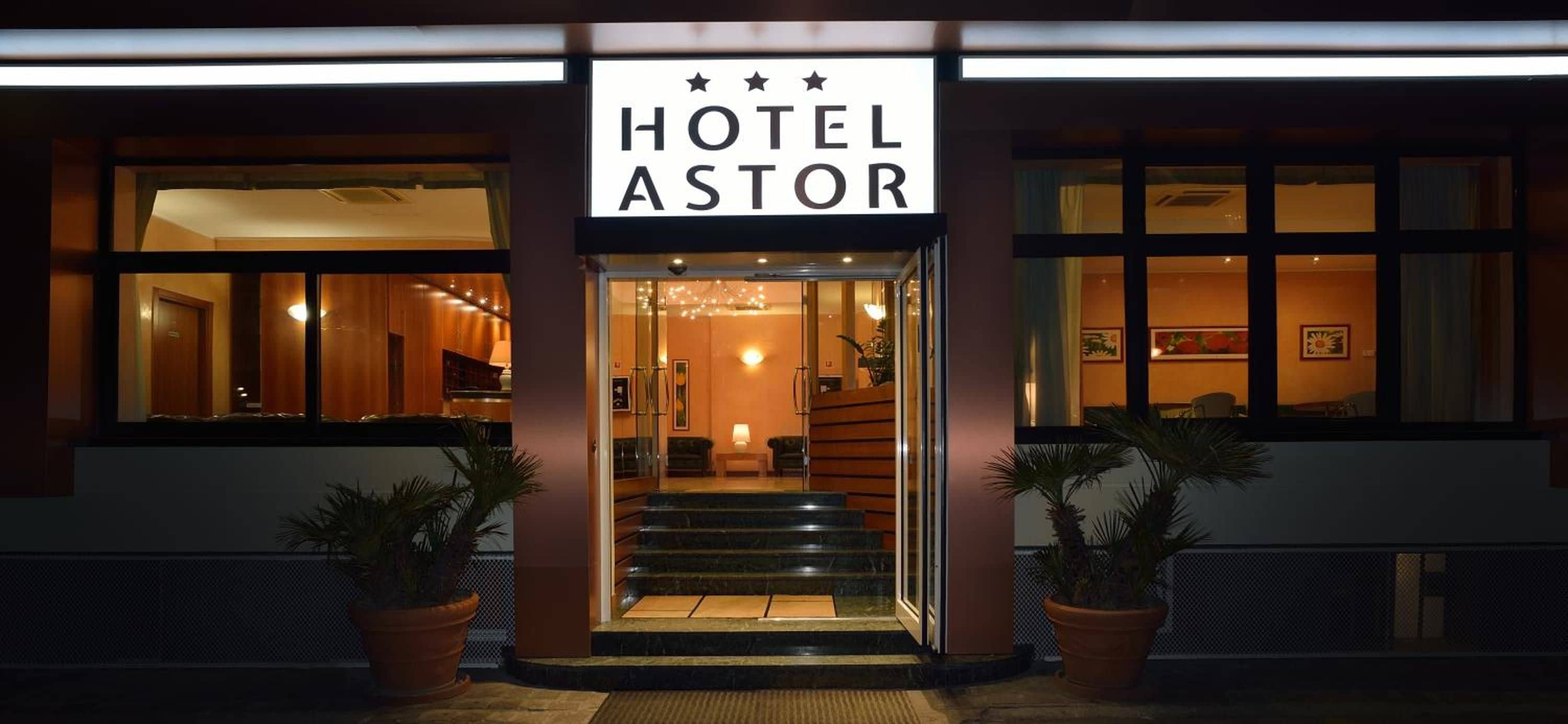 A hotel entrance with a sign reading 'HOTEL ASTOR,' a staircase leading inside, and potted plants on either side.