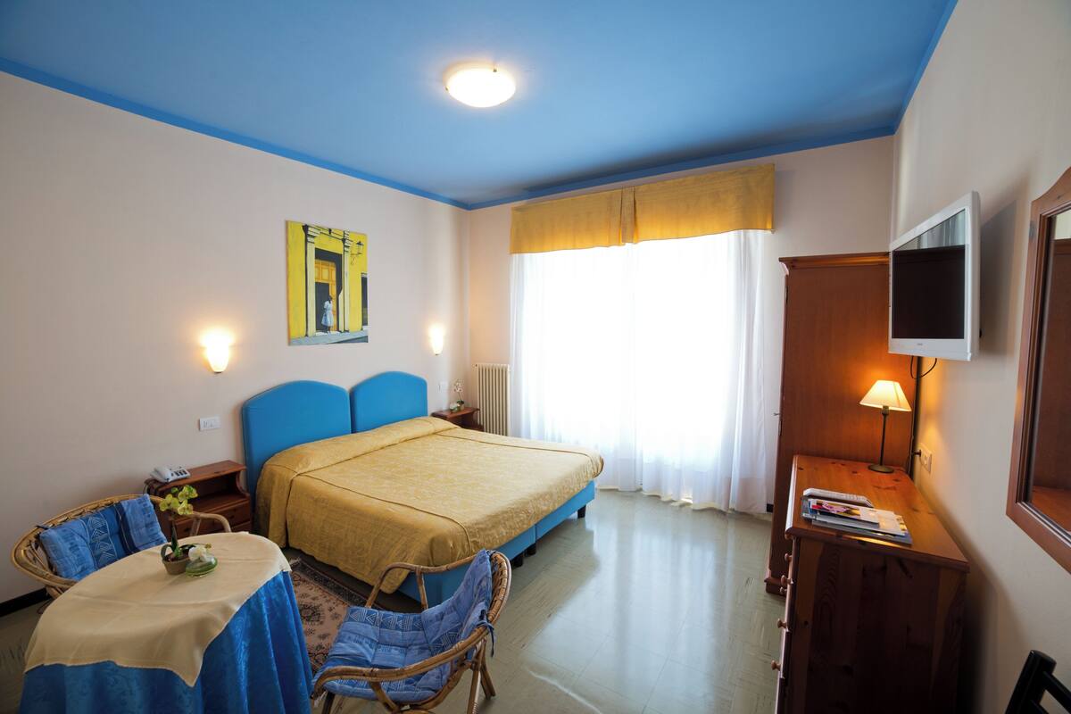 A hotel room with a bed, a desk, a chair, a table with a plant, a lamp, and a television.
