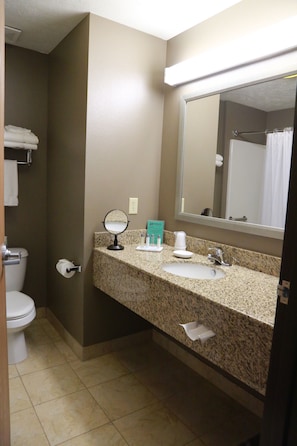 Combined shower/tub, free toiletries, hair dryer, towels