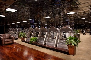 A gym with treadmills, a leather chair, and potted plants.