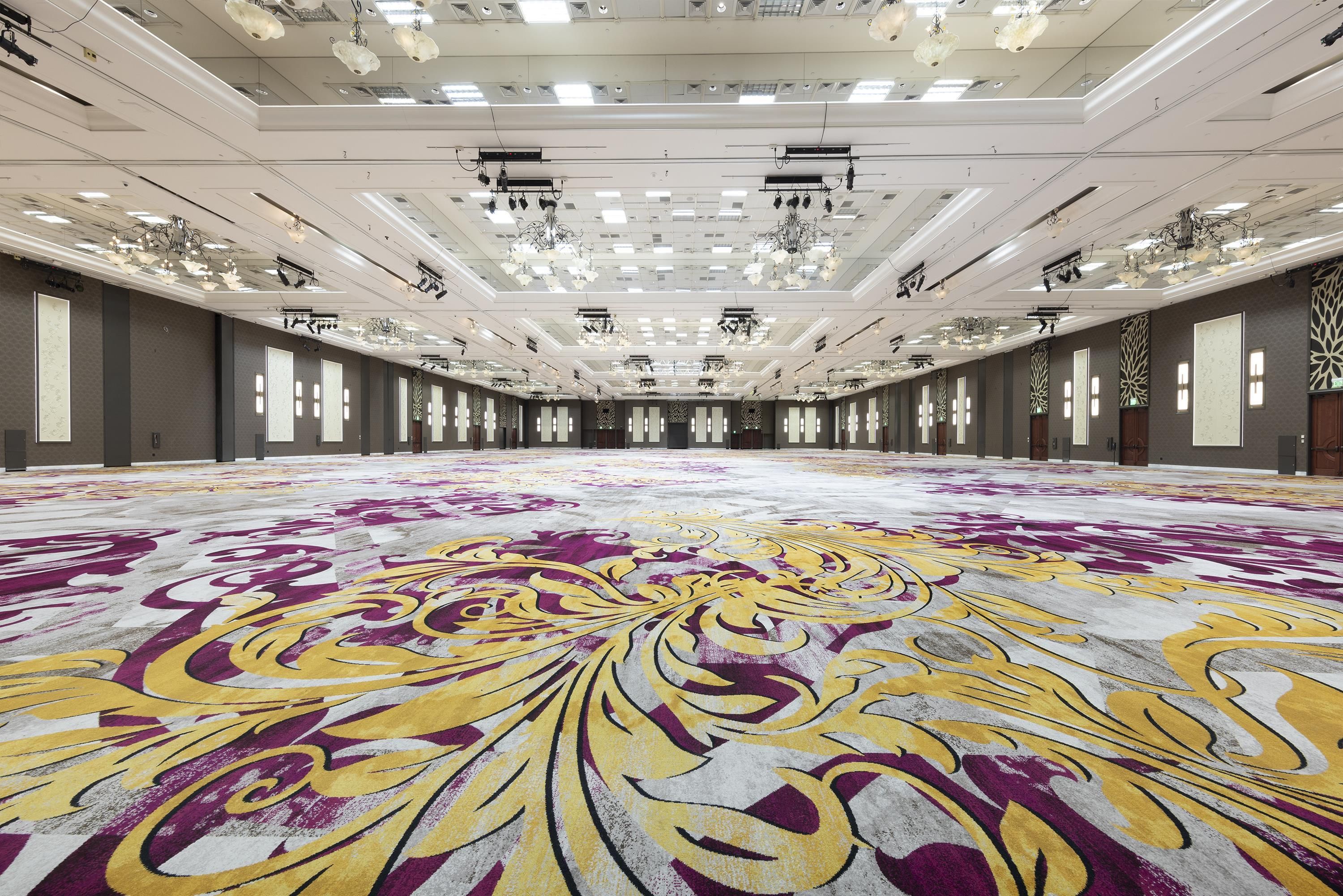 Un salón de conferencias amplio con alfombra estampada, varias luces en el techo y una larga fila de ventanas.