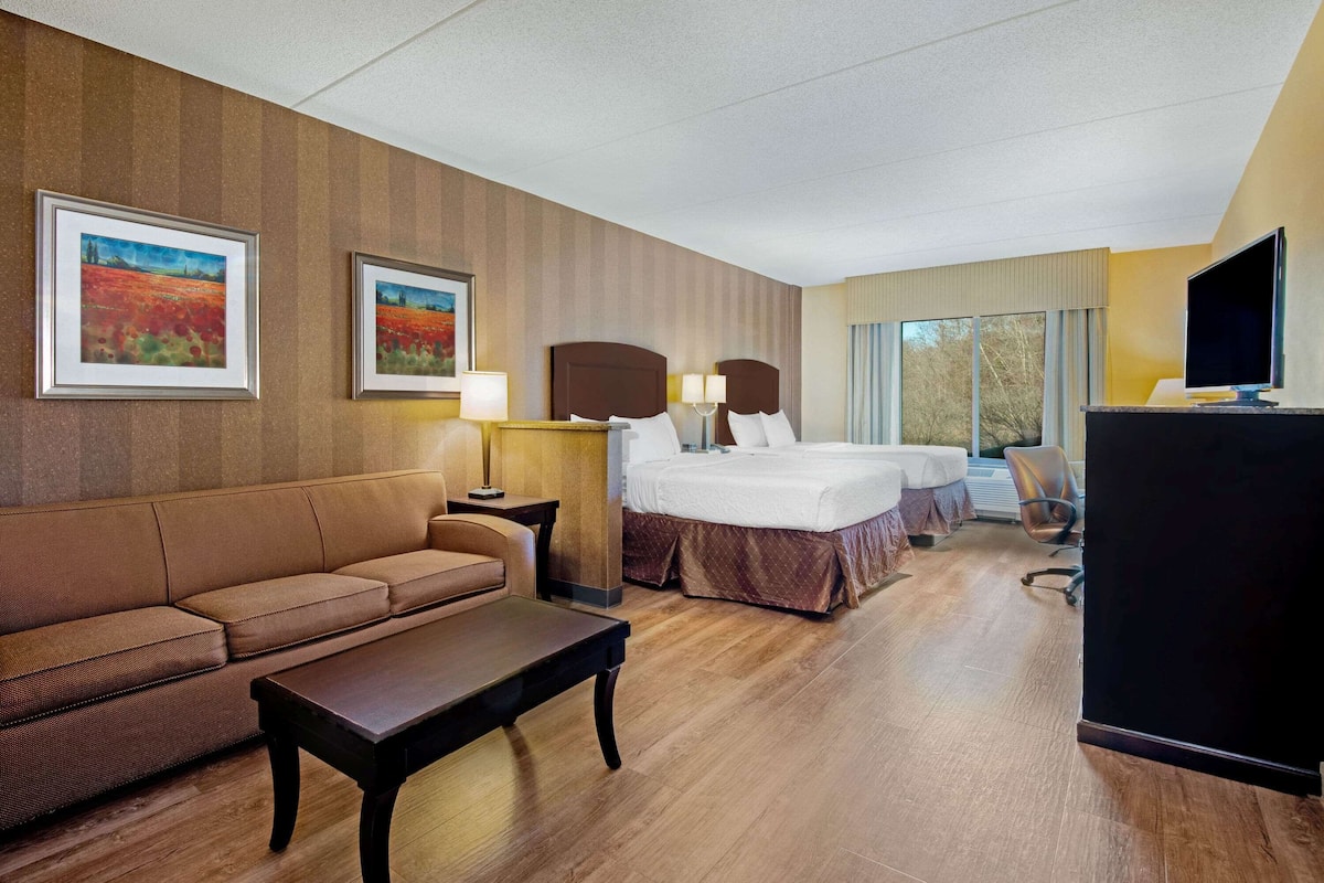 Habitación de hotel con sofá, cama con cabecera, escritorio, silla, televisión y obras de arte en las paredes.