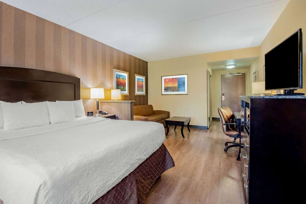 Habitación de hotel con una cama grande, un escritorio, una silla, un televisor y obras de arte en las paredes.