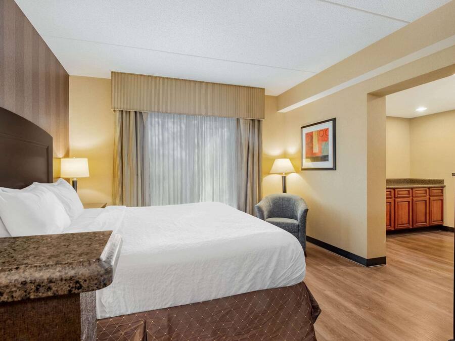 Una habitación de hotel con cama, escritorio, silla, zona de comedor y cocina.