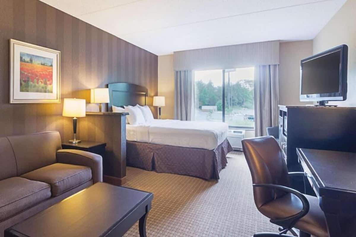 A hotel room with a bed, a sofa, a desk, a TV, and a painting on the wall.