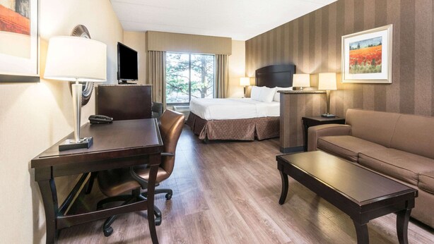 Habitación de hotel con cama, escritorio y silla, sofá y mesa de centro. Hay un televisor en el escritorio y una ventana con cortinas.