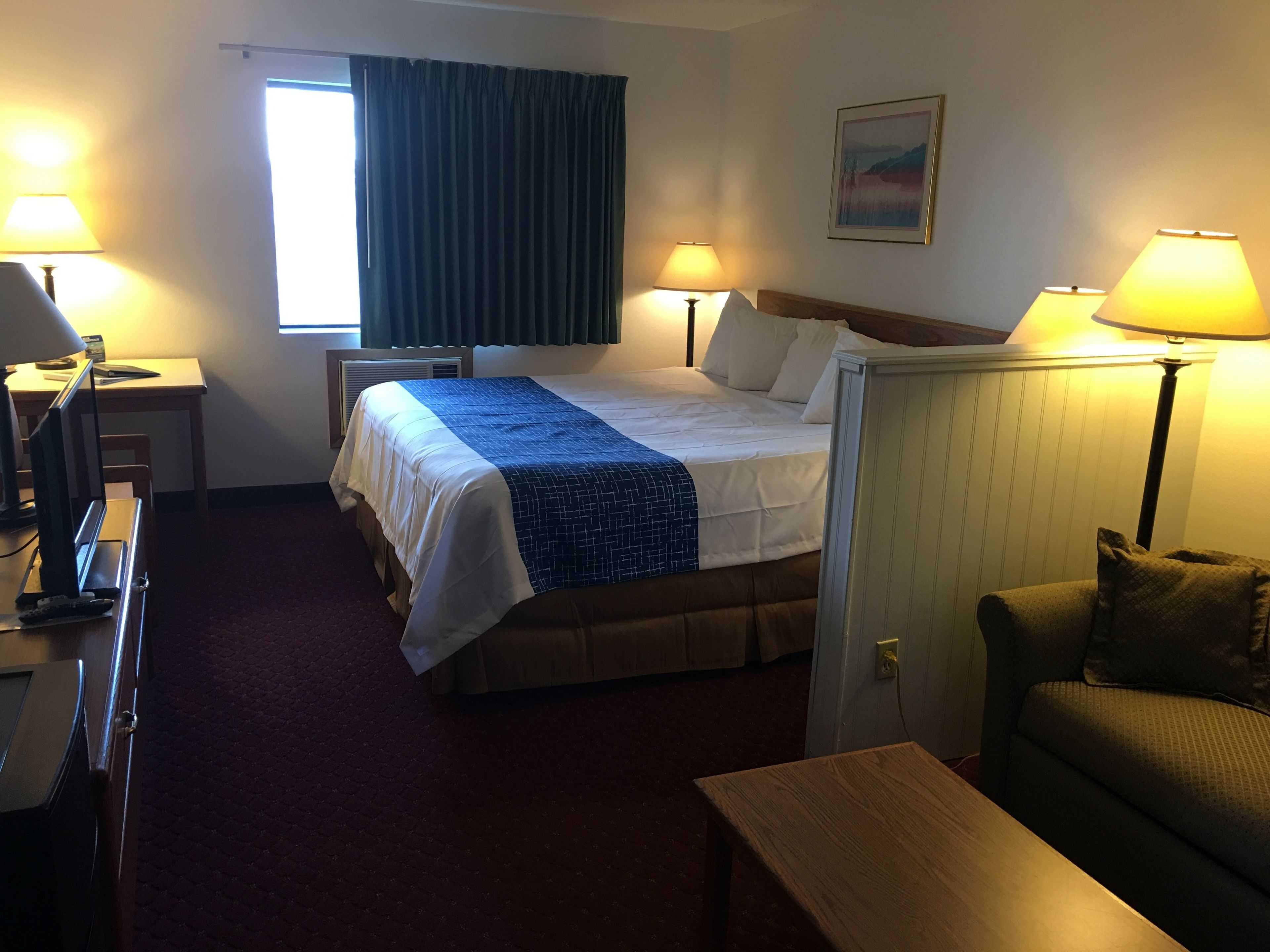 pillow-top beds, desk, blackout curtains, iron/ironing board