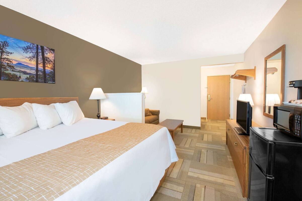 Une chambre d’hôtel équipée d’un lit, d’un bureau, d’une télévision et d’un four à micro-ondes.