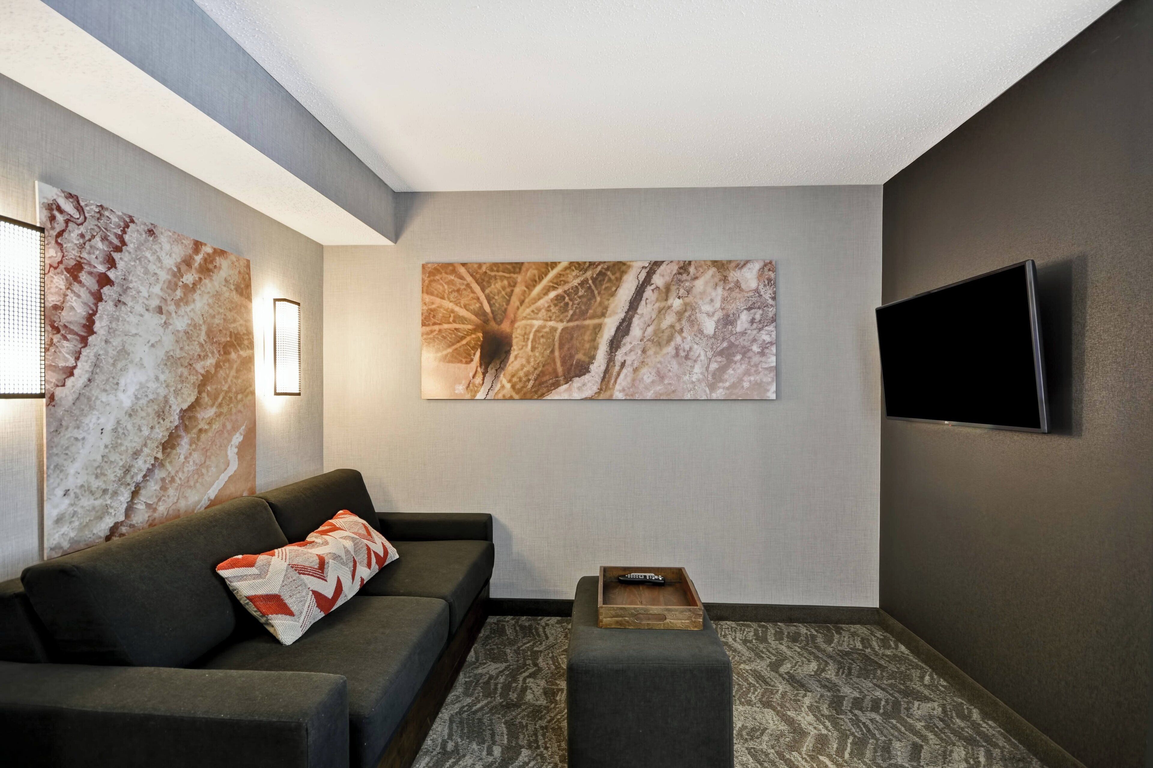 Una sala de estar moderna con un sofá gris, un adorno de pared, un televisor de pantalla plana y una pequeña mesa de madera.