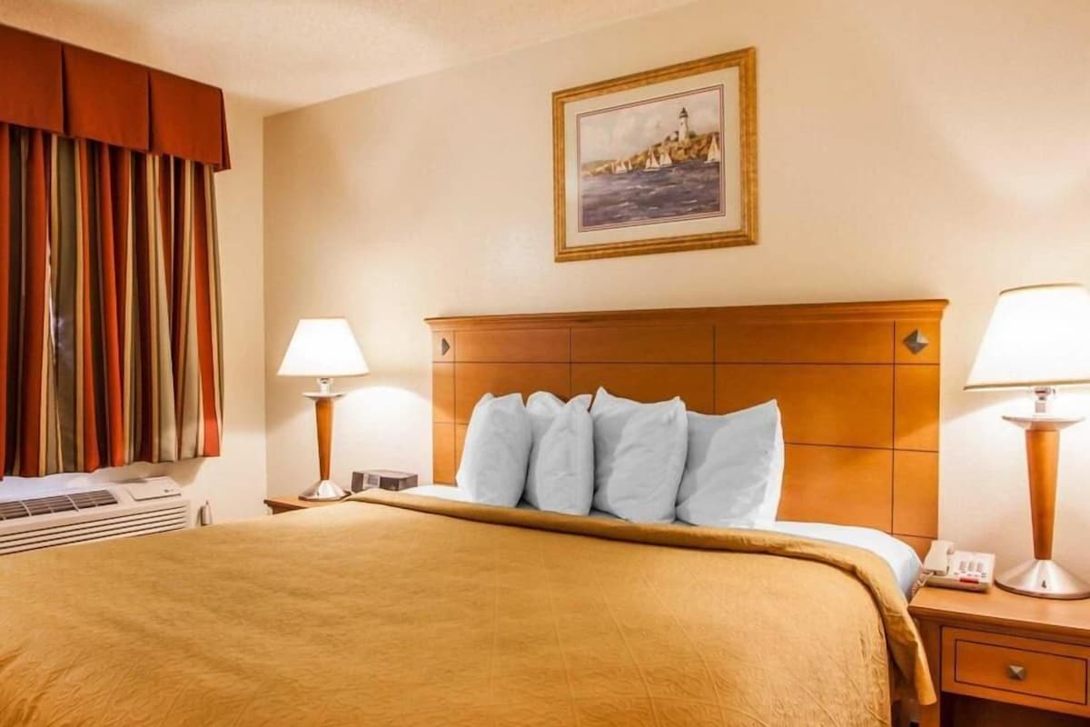 Una habitación de hotel con cama, dos lámparas de noche, una mesita de noche, un cuadro en la pared y una ventana con cortinas.