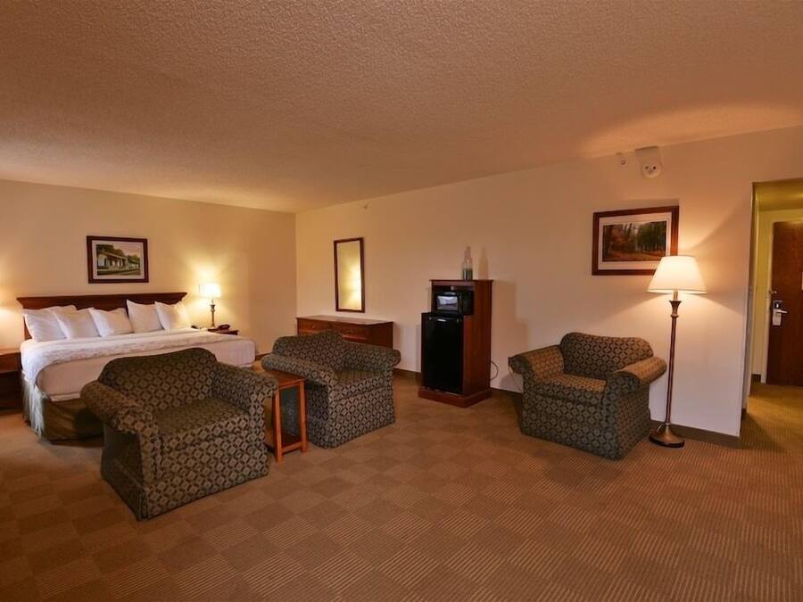 Una habitación de hotel con una cama, dos sillones, una mesita, un televisor y una lámpara.