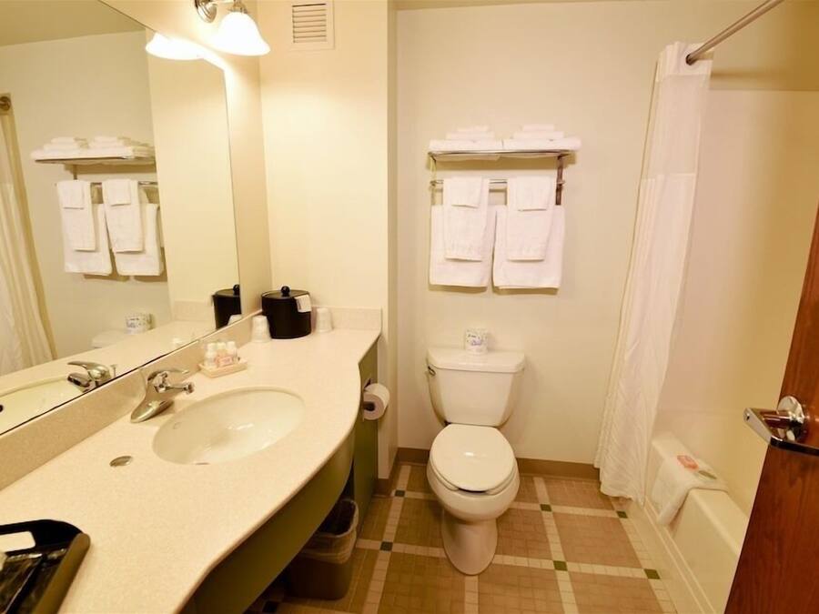 Un baño con lavamanos, espejo, inodoro y zona de ducha.
