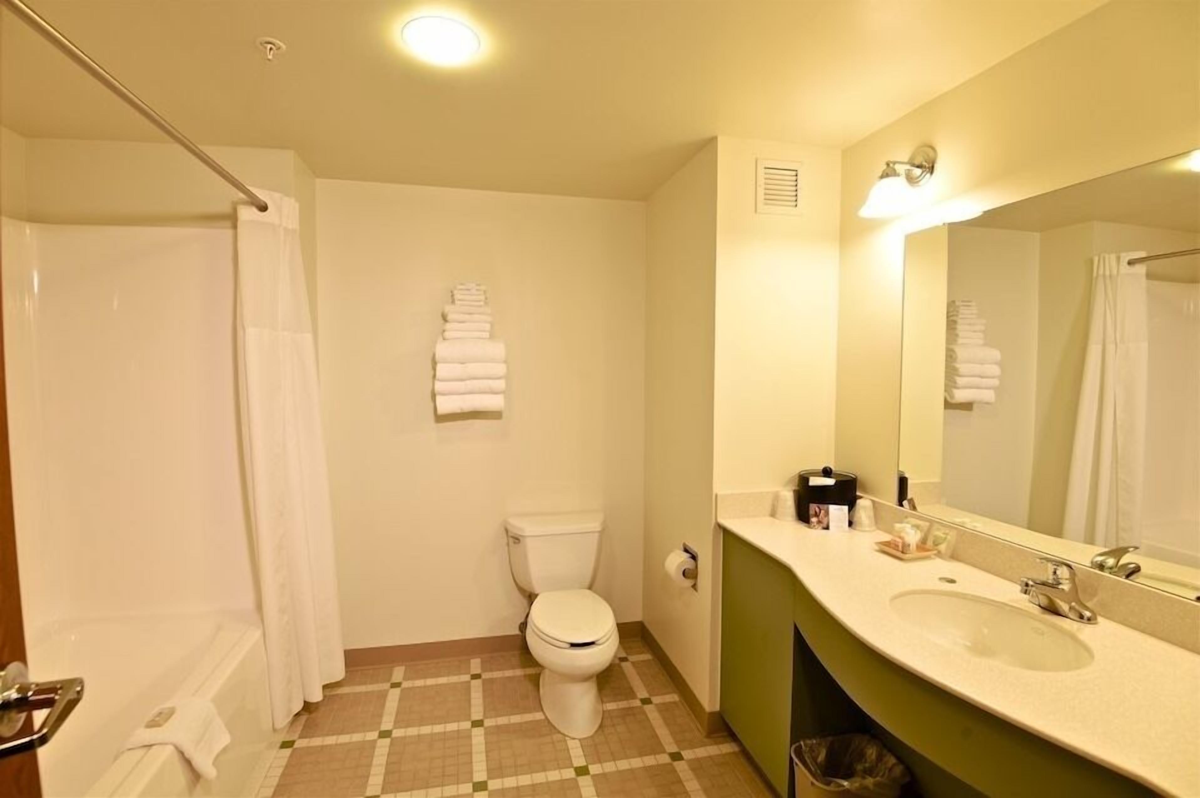 Ein Badezimmer mit Toilette, Waschbecken, Spiegel und Duschvorhang.