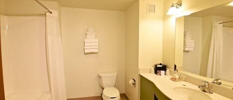 Ein Badezimmer mit Toilette, Waschbecken, Spiegel und Duschvorhang.