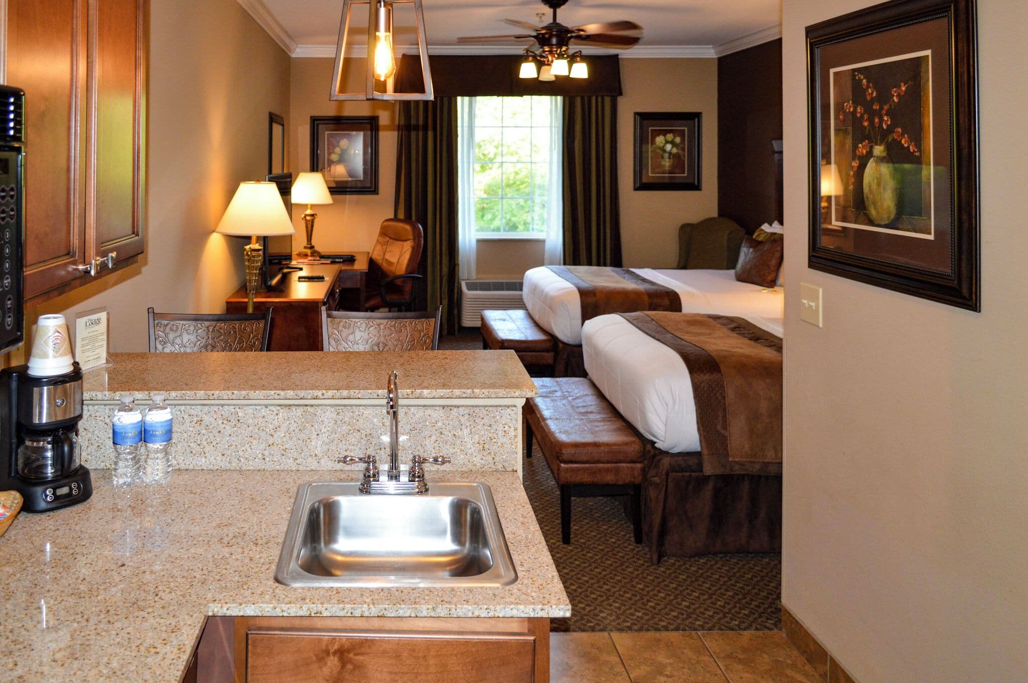 classic studio suite, 2 double beds, kitchen | desk, blackout curtains, soundproofing, iron/ironing board