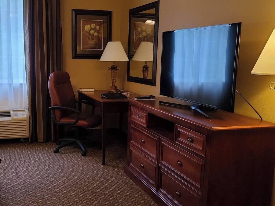 Habitación de hotel con cama, escritorio, silla, televisor, cómoda y lámparas.
