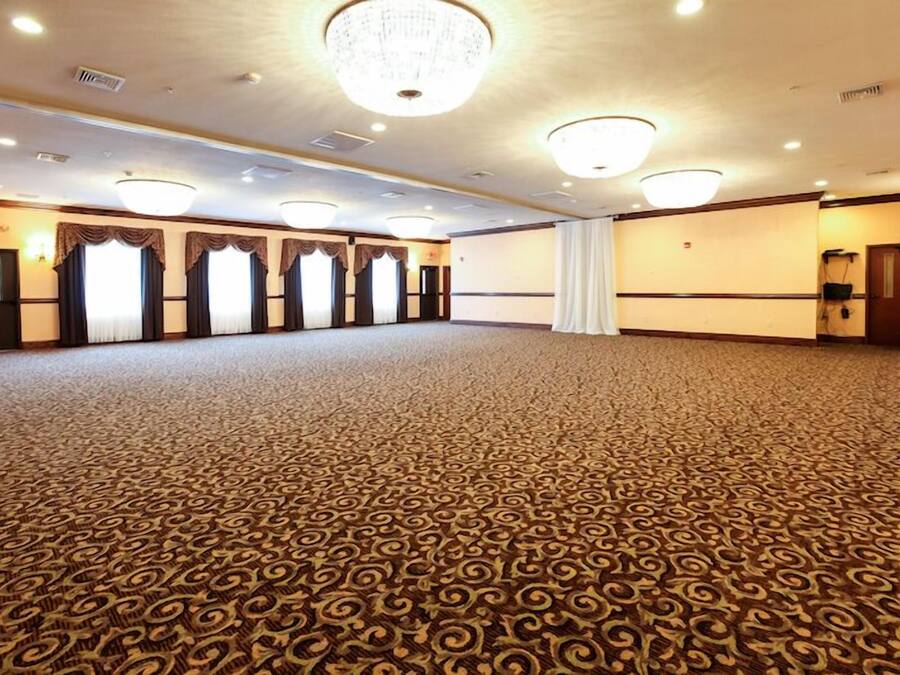Una sala espaiosa amb moqueta, un terrapatró, diverses finestres amb cortines i un penjador.