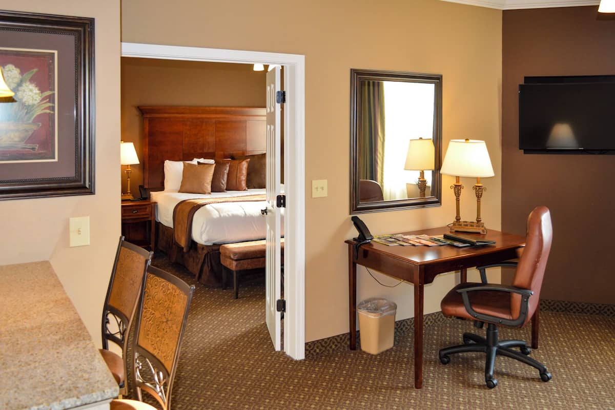 A hotel room with a bed, a desk with a chair, a trash bin, a TV, and a framed picture on the wall.