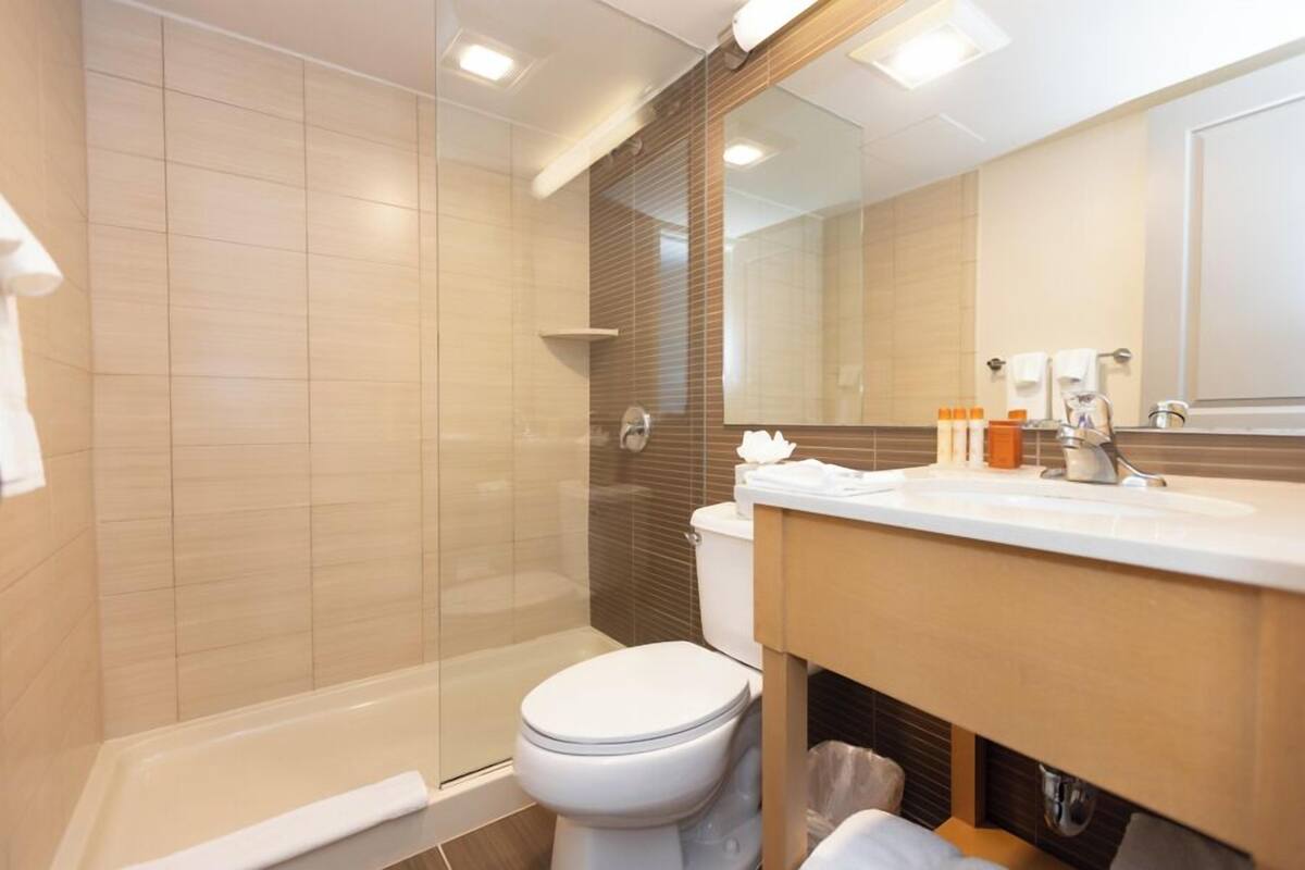 separate bathtub and shower, free toiletries, hair dryer, towels